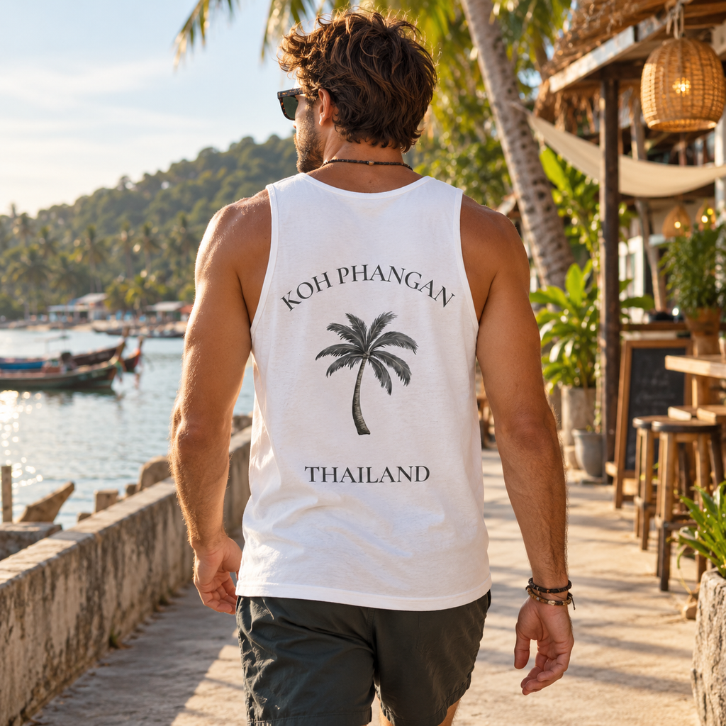 Bio Tank Top in Weiß mit Koh Phangan Mini Palm Backprint an einer thailändischen Uferpromenade