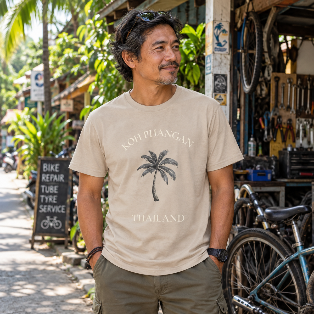 Unisex Bio T-Shirt in Desert Dust mit Koh Phangan Mini Palm Frontprint an einer thailändischen Straße