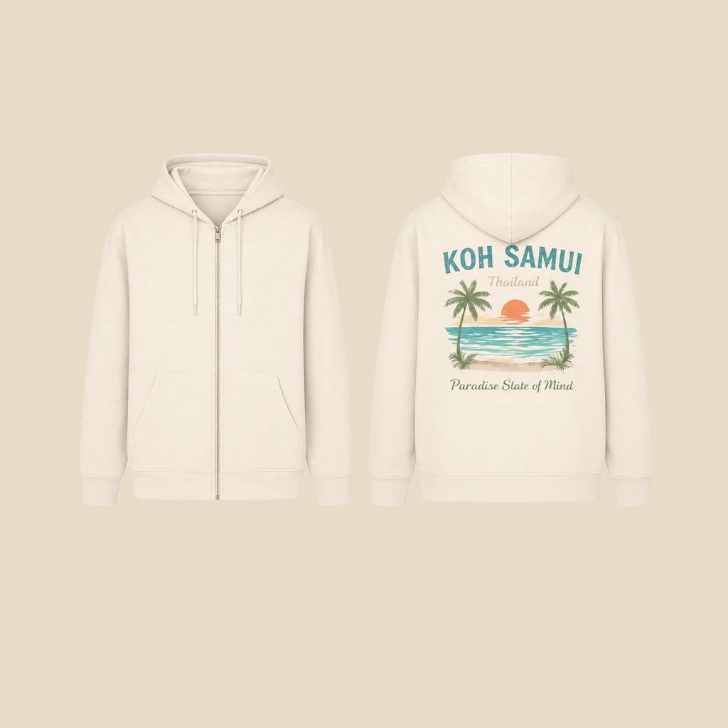 Clean Mockup der Bio Kapuzenjacke mit Reißverschluss „Koh Samui – Paradise State of Mind“ in Naturweiß. Vorderseite ohne Motiv, Rückseite mit großem Koh Samui Motiv aus Palmen, Meer und Sonne. Front- und Rückenansicht nebeneinander auf hellem Hintergrund.