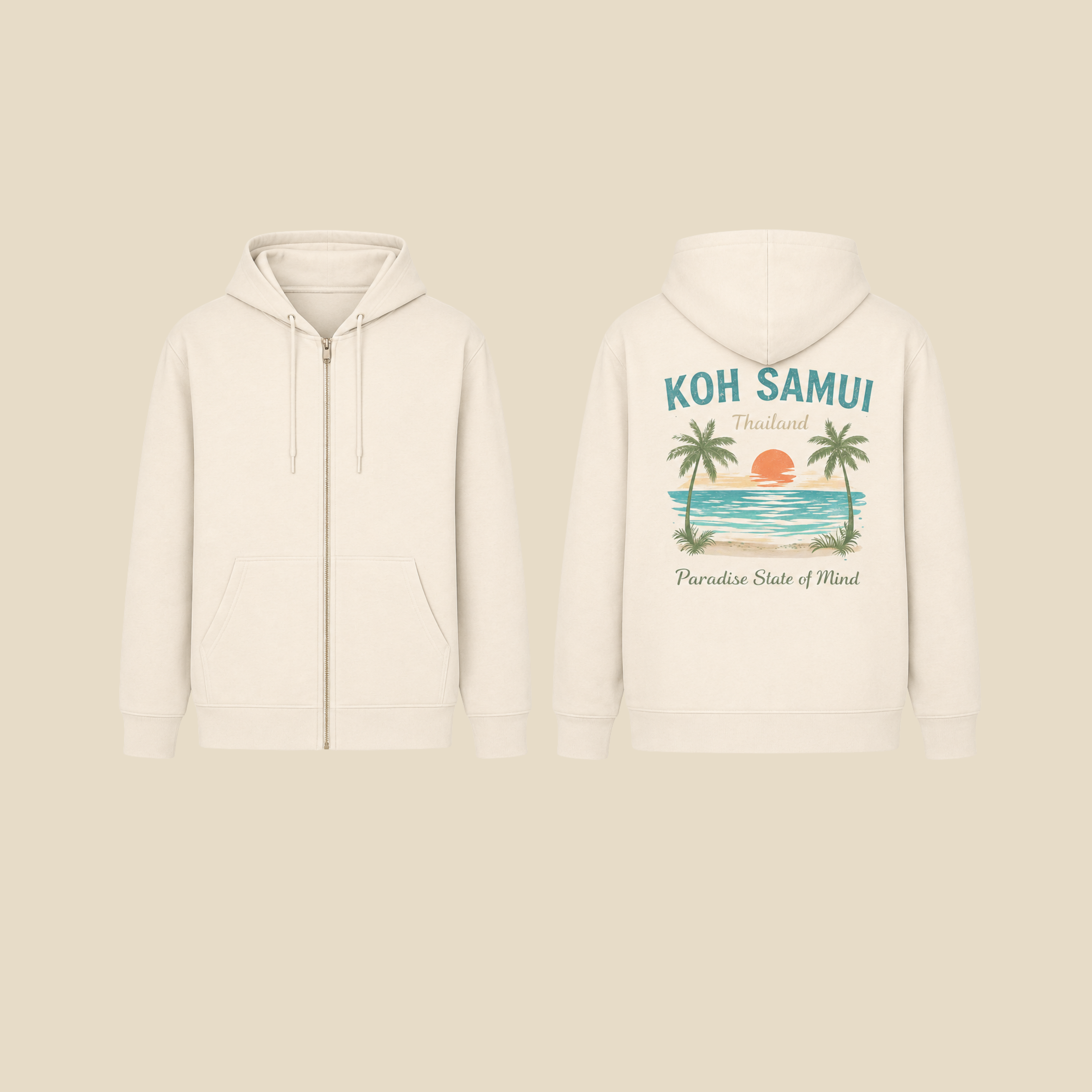 Clean Mockup der Bio Kapuzenjacke mit Reißverschluss „Koh Samui – Paradise State of Mind“ in Naturweiß. Vorderseite ohne Motiv, Rückseite mit großem Koh Samui Motiv aus Palmen, Meer und Sonne. Front- und Rückenansicht nebeneinander auf hellem Hintergrund.
