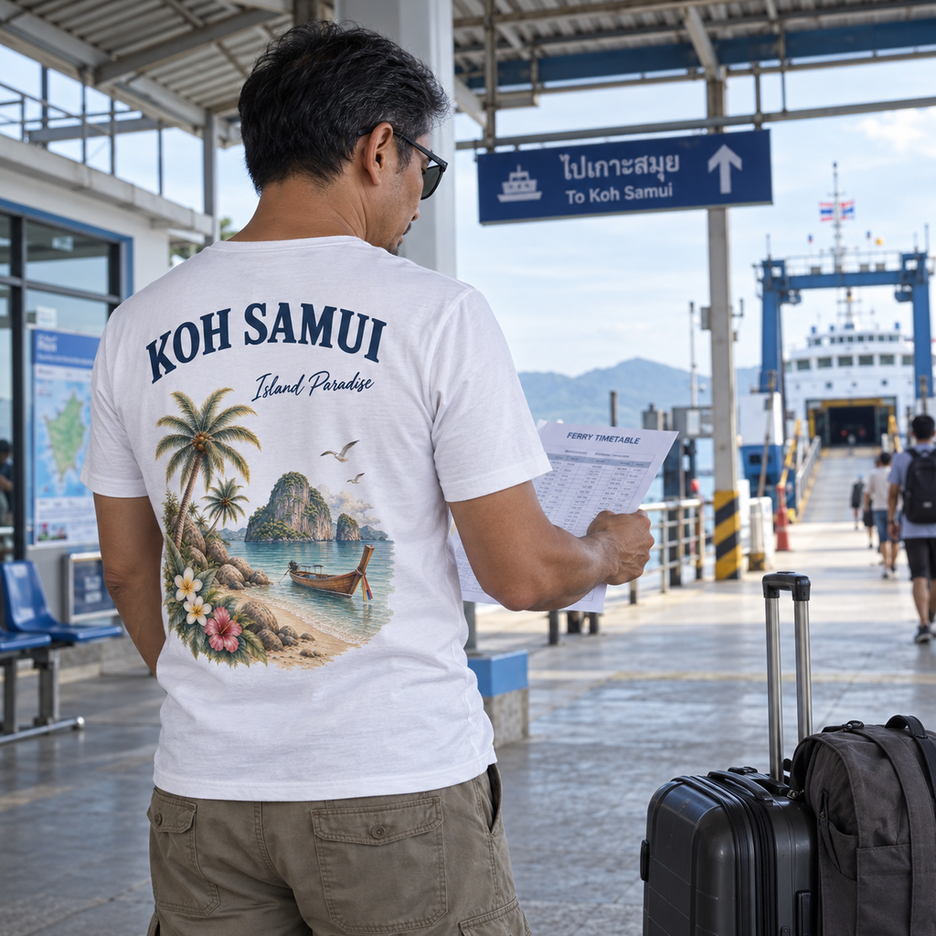 Mann im weißen Koh Samui Island Paradise V-Neck Shirt am Fährterminal
