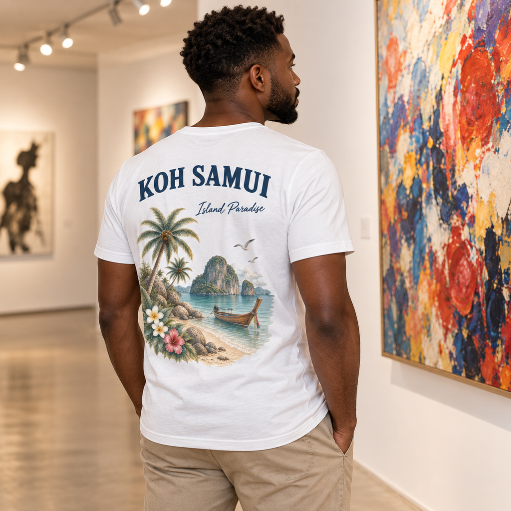 Mann im weißen Koh Samui Island Paradise V-Neck Shirt in einer Kunstgalerie