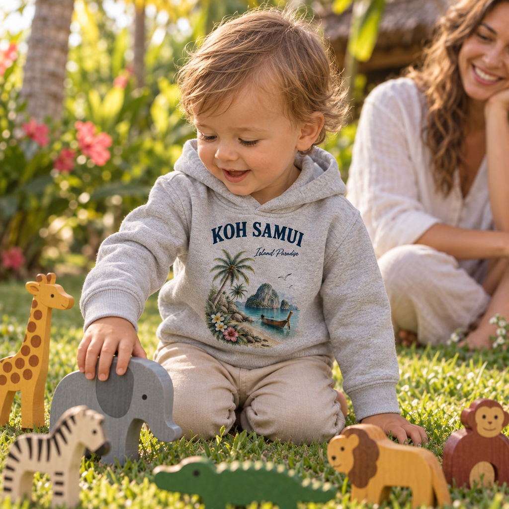 Kleinkind im Heather Grey Koh Samui Island Paradise Baby Hoodie beim Spielen im tropischen Garten
