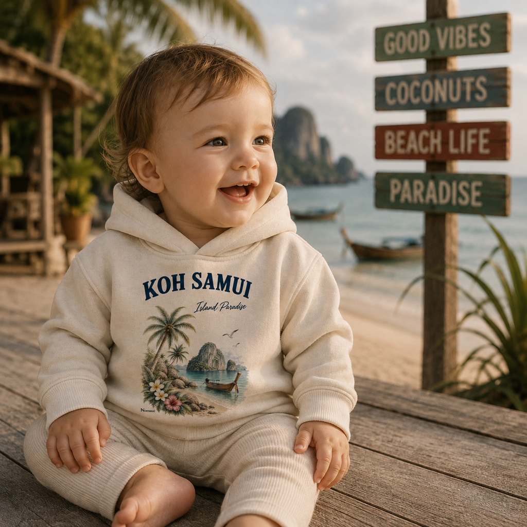 Baby trägt den Koh Samui Island Paradise Hoodie von Nomavé am tropischen Strand in Thailand