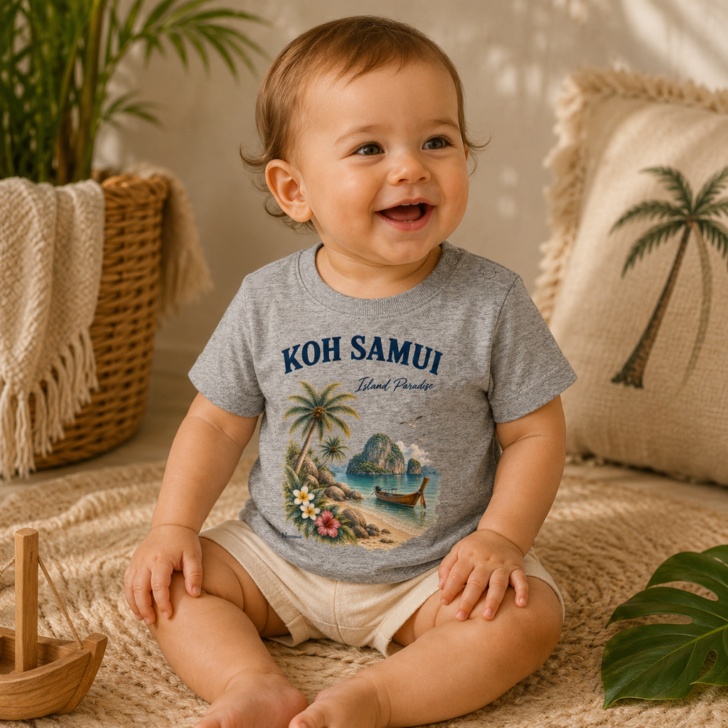 Baby trägt graues Bio T-Shirt mit Koh Samui Island Paradise Motiv und Druckknöpfen am Halsausschnitt im tropisch inspirierten Lifestyle-Ambiente.
