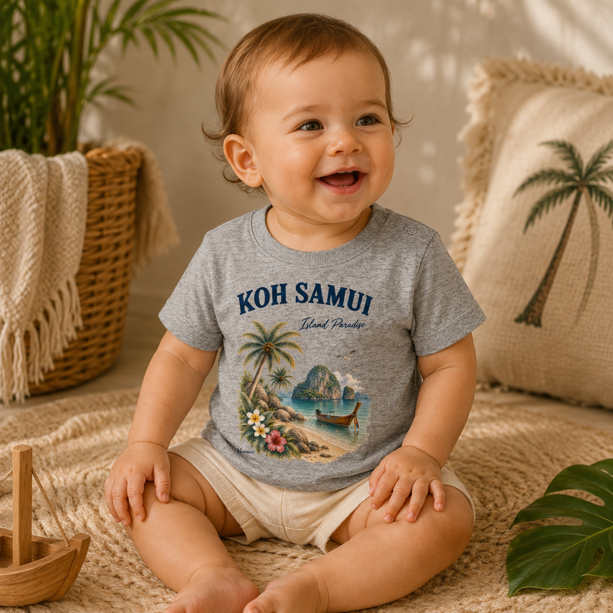 Baby trägt graues Bio T-Shirt mit Koh Samui Island Paradise Motiv und Druckknöpfen am Halsausschnitt im tropisch inspirierten Lifestyle-Ambiente.