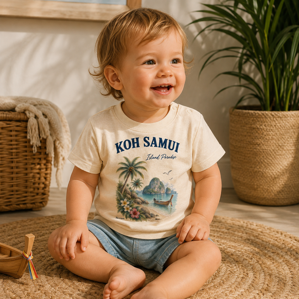 Baby trägt naturfarbenes Bio T-Shirt mit Koh Samui Island Paradise Motiv im tropisch inspirierten Lifestyle-Ambiente.