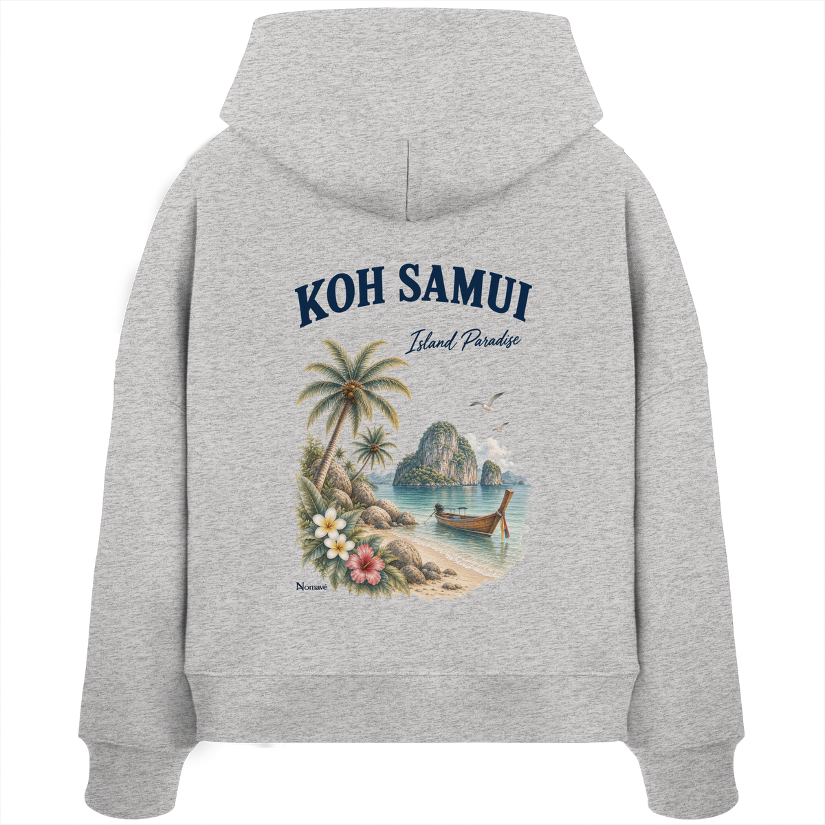 Koh Samui Island Paradise Damen Bio Boxcut Hoodie mit Rückenprint in Cool Heather Grey