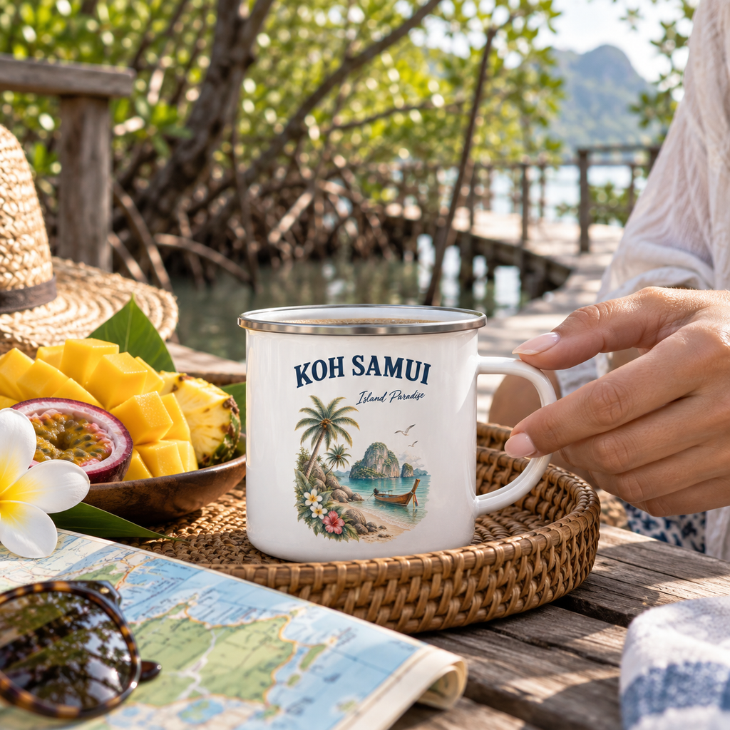 Koh Samui Island Paradise Emaillebecher beim Frühstück an einem Mangrovensteg