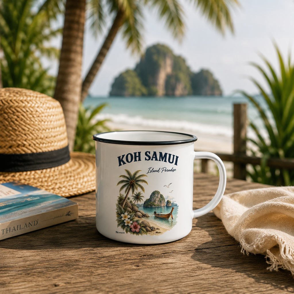 Koh Samui Island Paradise Emaillebecher von Nomavé auf Holztisch am tropischen Strand in Thailand