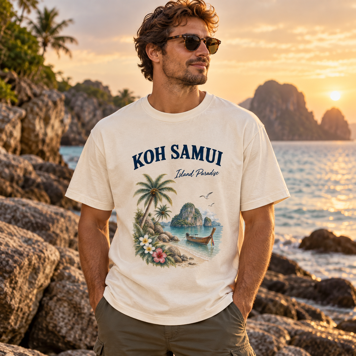 Mann im Koh Samui Island Paradise Bio-Heavy T-Shirt mit Frontprint an der Felsküste