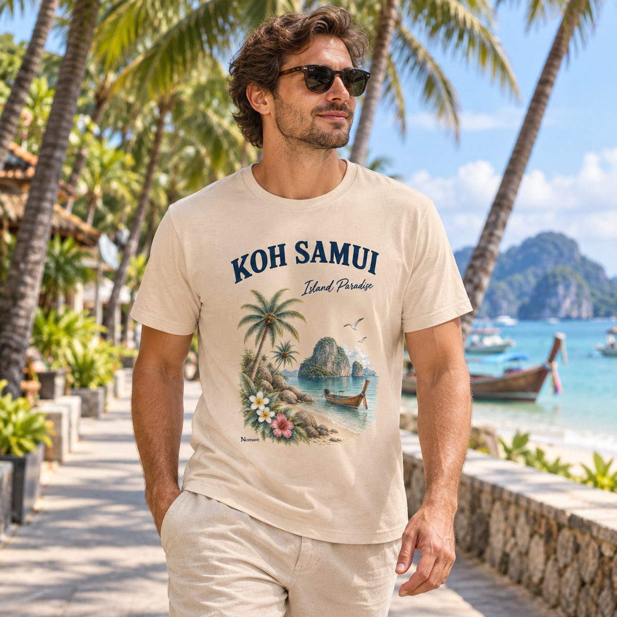Mann im Koh Samui Island Paradise Essential T-Shirt mit Frontprint auf einer Strandpromenade