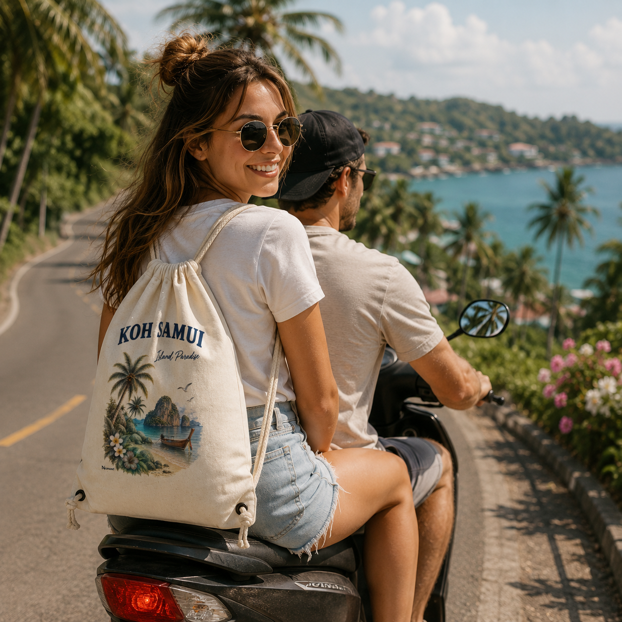 Koh Samui Island Paradise Gym Bag mit tropischem Vintage-Motiv getragen auf einer Rollerfahrt in Thailand