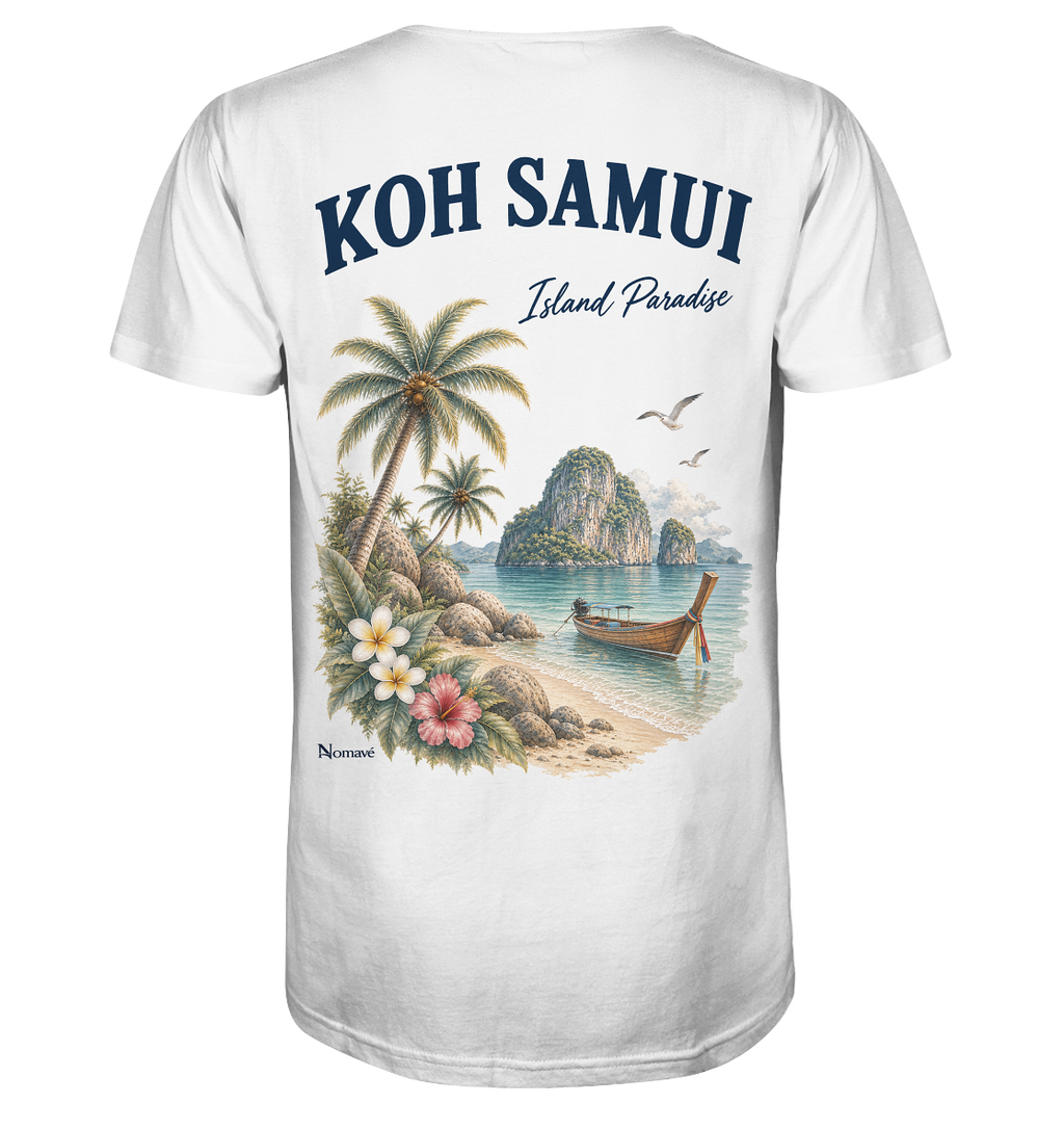 Koh Samui Island Paradise Herren Bio V-Neck T-Shirt in Weiß mit Rückenprint