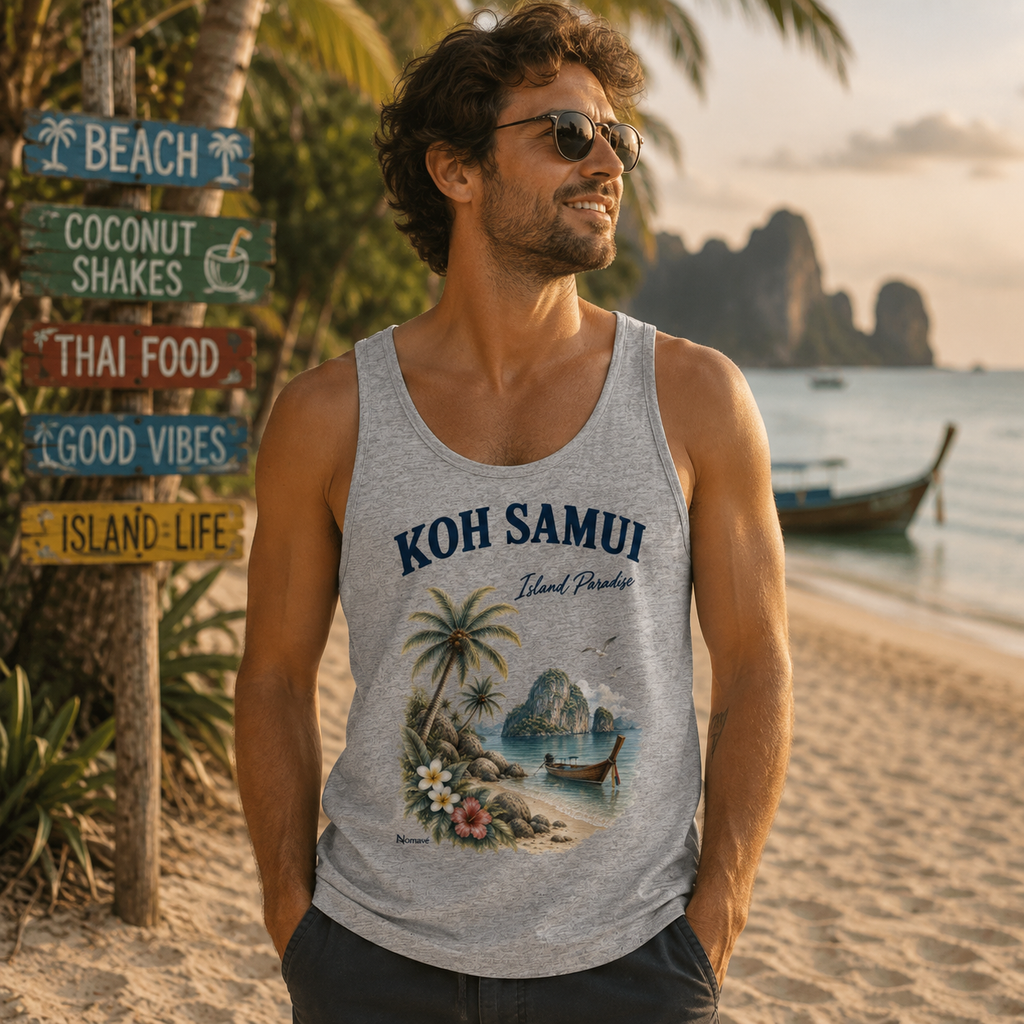 Mann trägt graues Koh Samui Island Paradise Tanktop von Nomavé am tropischen Strand in Thailand