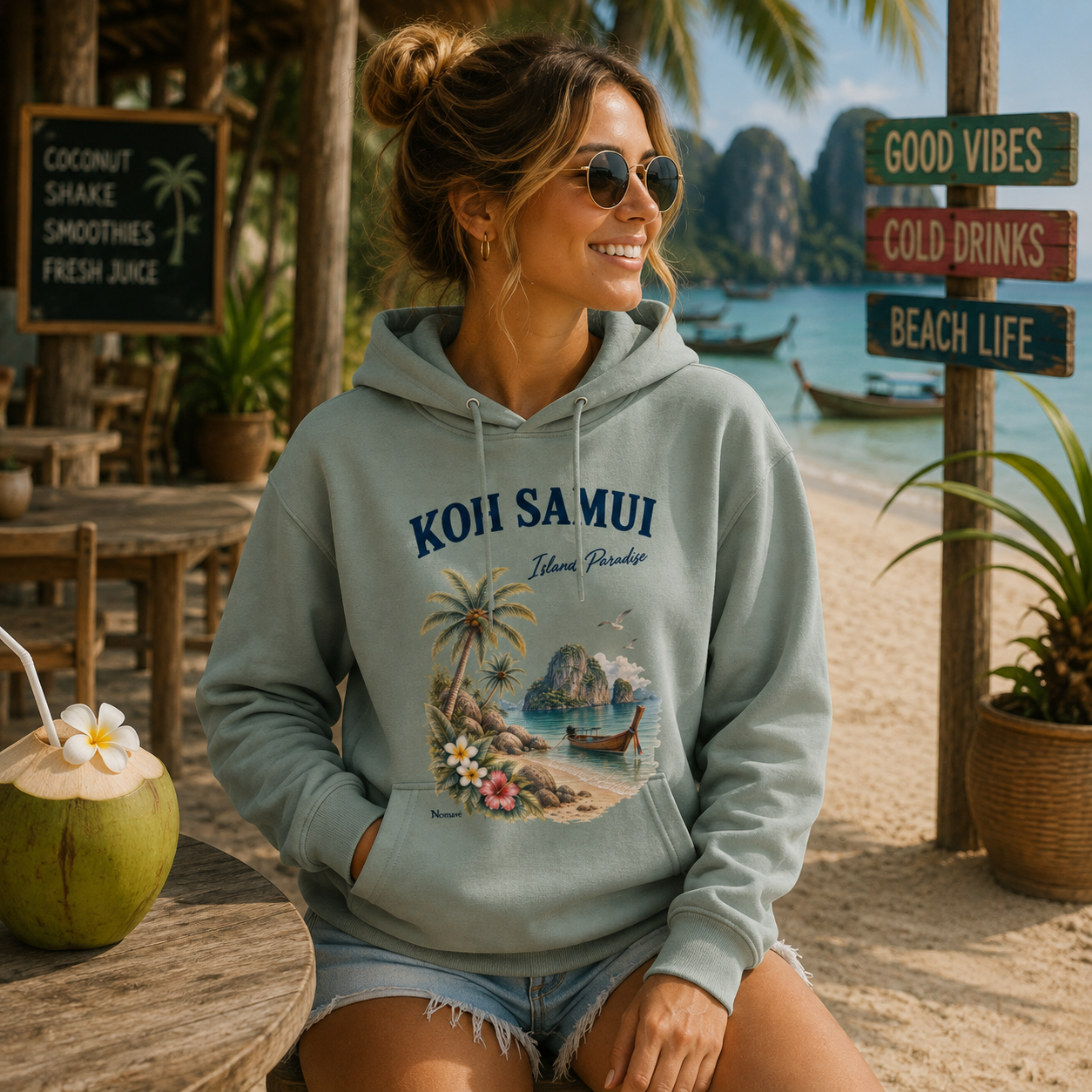 Frau trägt salbeigrünen Koh Samui Island Paradise Hoodie von Nomavé in einem tropischen Strandcafé in Thailand