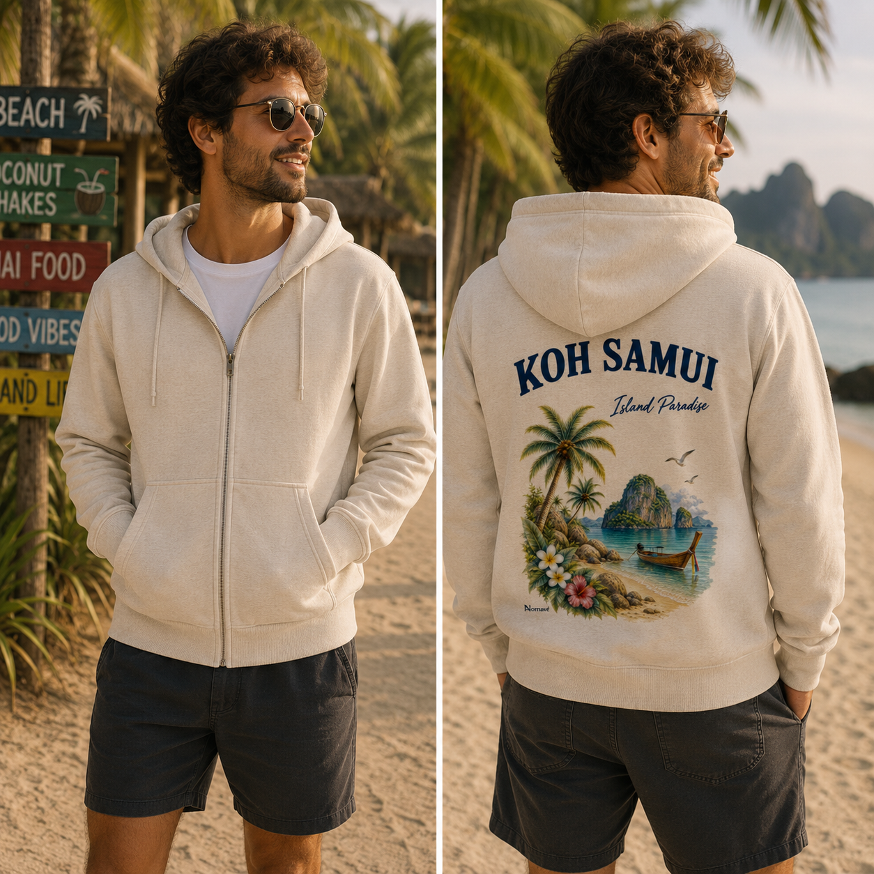 Herren Kapuzenjacke mit Reißverschluss in Natur von Nomavé, vorne ohne Druck und hinten mit Koh Samui Island Paradise Motiv im Thailand Lifestyle