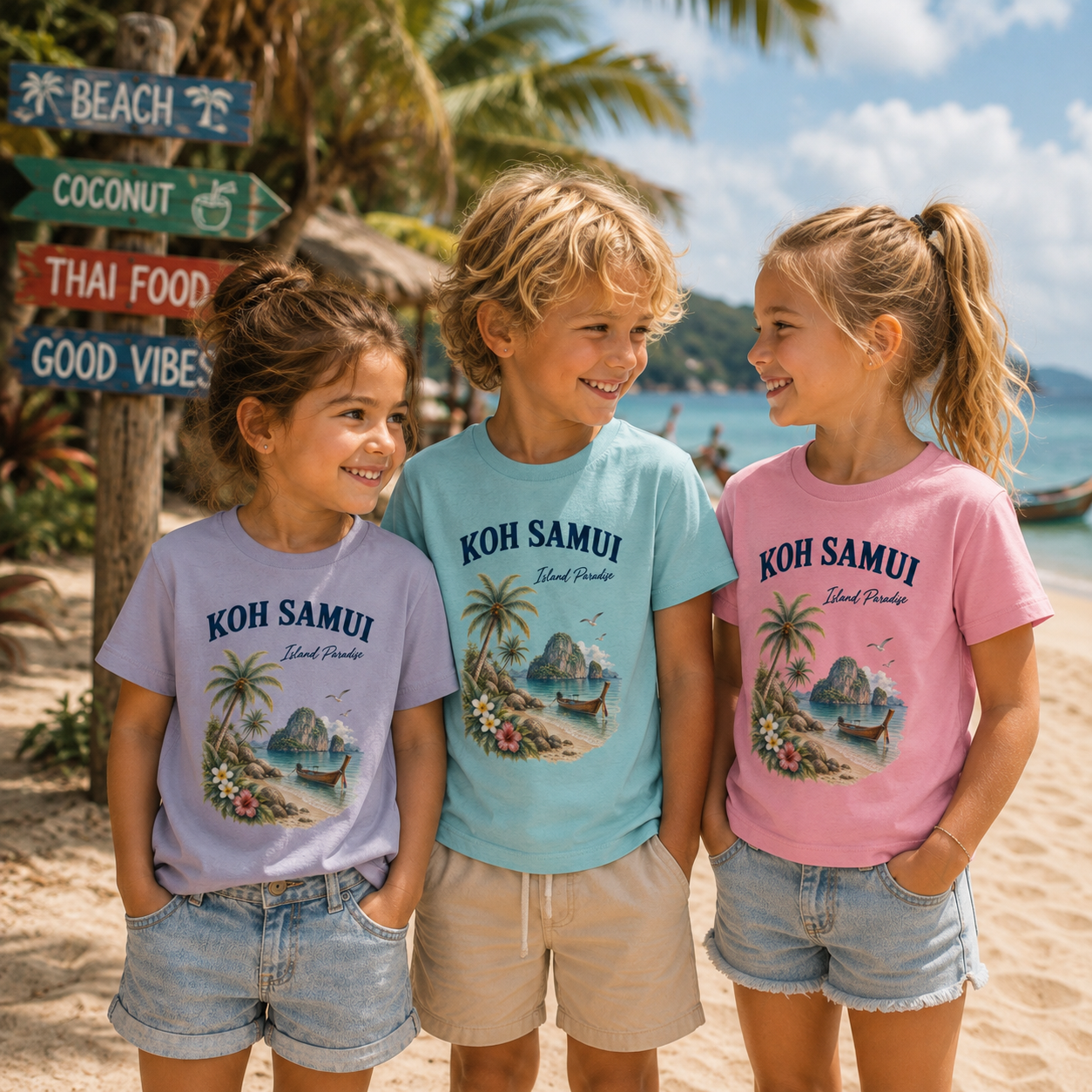 Drei Kinder tragen Koh Samui Island Paradise Kinder T-Shirts von Nomavé in Lavendel, Hellblau und Rosa vor tropischer Strandkulisse in Thailand.