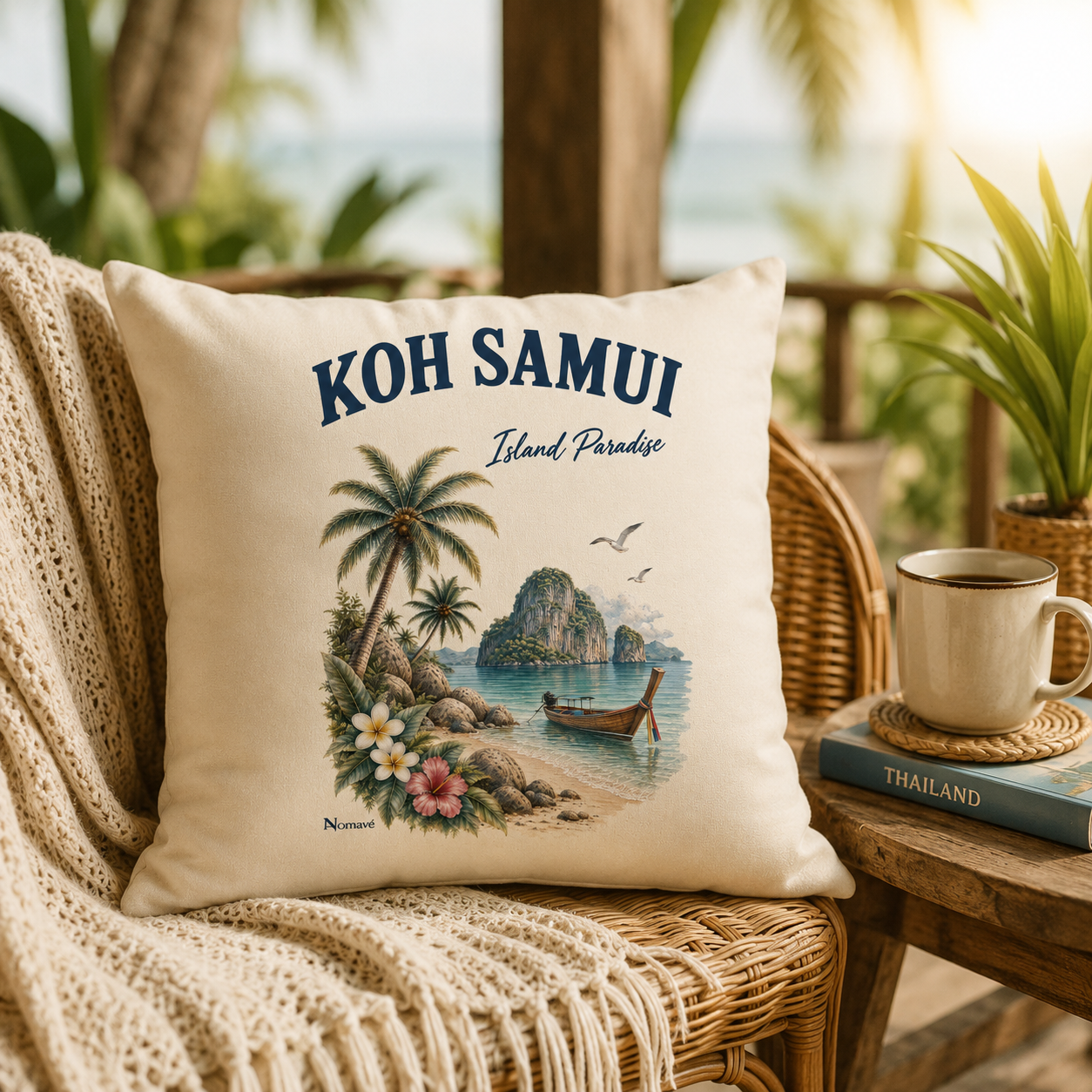 Naturfarbenes Koh Samui Island Paradise Kissen von Nomavé auf einem Rattansessel in tropischer Thailand-Kulisse