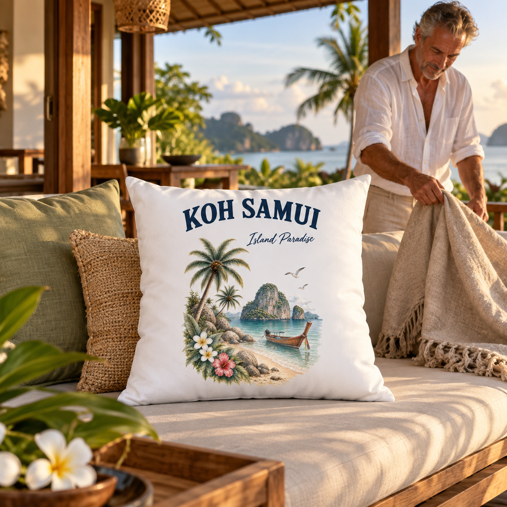 Weißes Koh Samui Island Paradise Kissen auf einer tropischen Veranda auf Koh Samui