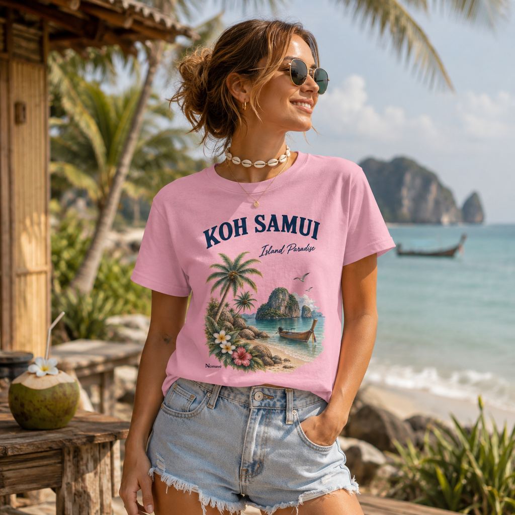 Frau trägt pinkes Ladies T-Shirt mit Koh Samui Island Paradise Vintage Design am tropischen Strand in Thailand