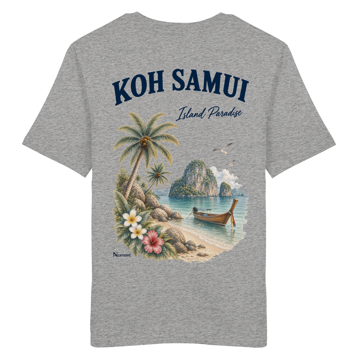 Koh Samui – Island Paradise – Rückenprint – Bio T-Shirt – Rückansicht in heather grey