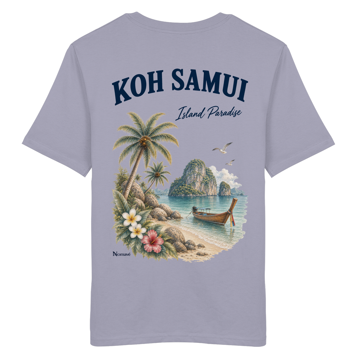 Koh Samui – Island Paradise – Rückenprint – Bio T-Shirt – Rückansicht in lavender