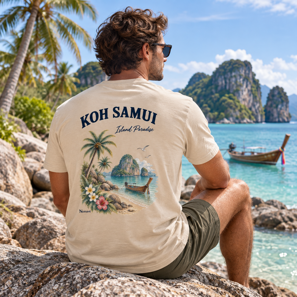 Mann im Koh Samui Island Paradise Essential T-Shirt mit Rückenprint an einer Felsbucht