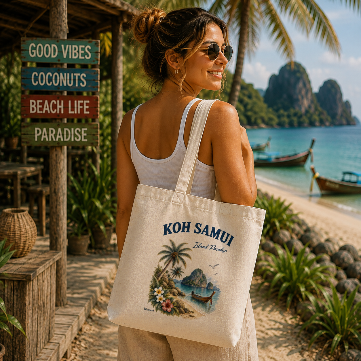 Koh Samui Island Paradise Stofftasche mit tropischem Vintage-Motiv getragen am Strand in Thailand
