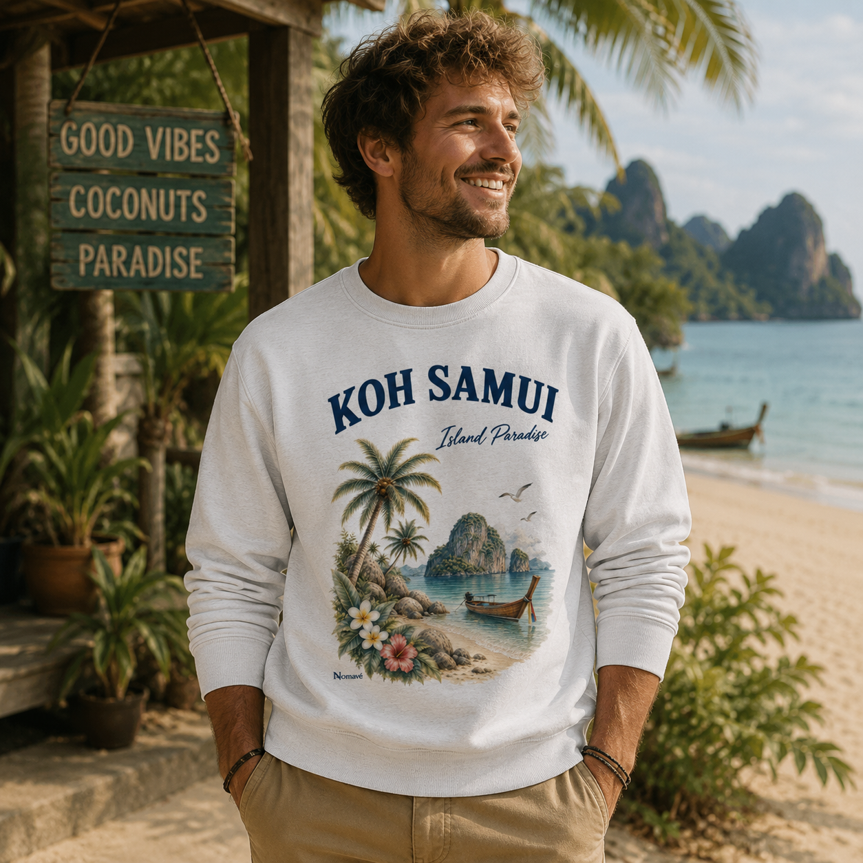 Mann trägt weißes Koh Samui Island Paradise Sweatshirt von Nomavé am tropischen Strand in Thailand
