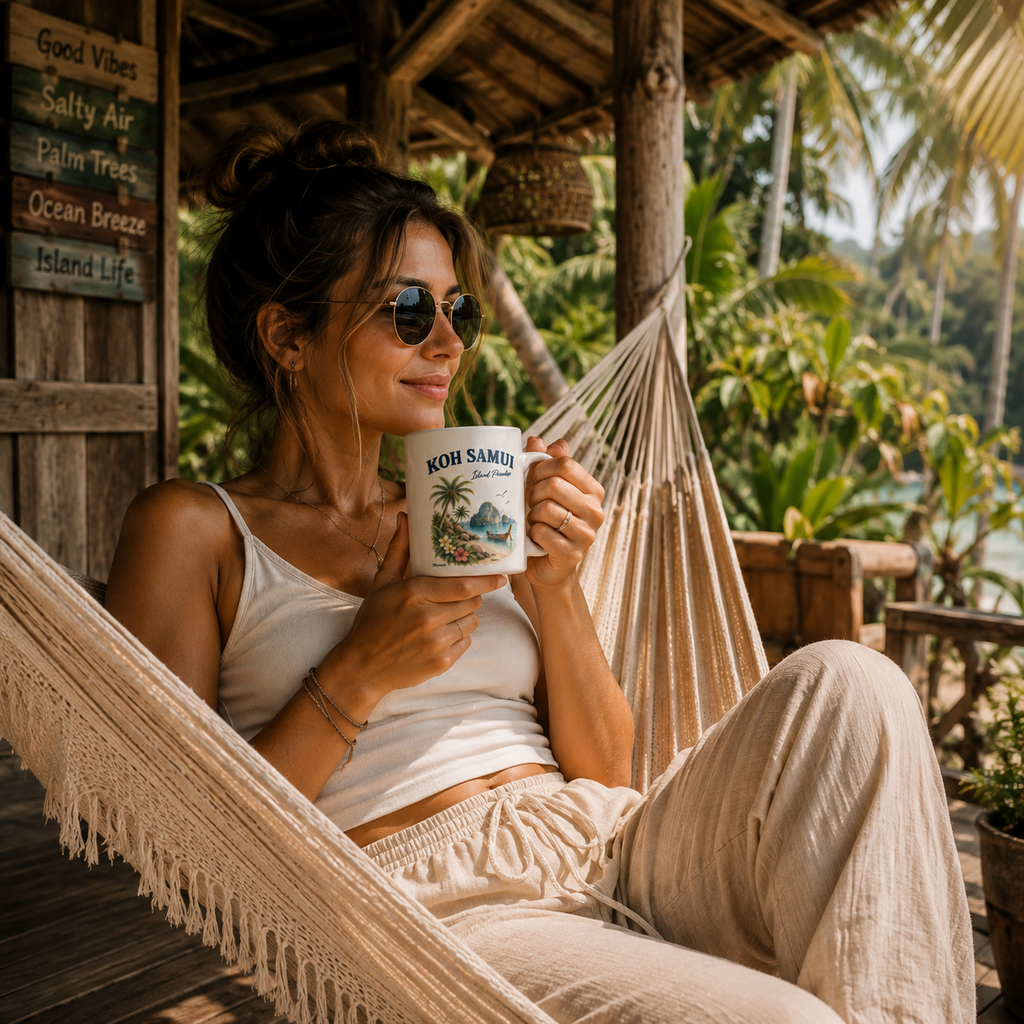Frau entspannt in einer Hängematte mit Koh Samui Island Paradise Tasse von Nomavé vor einer tropischen Holzhütte