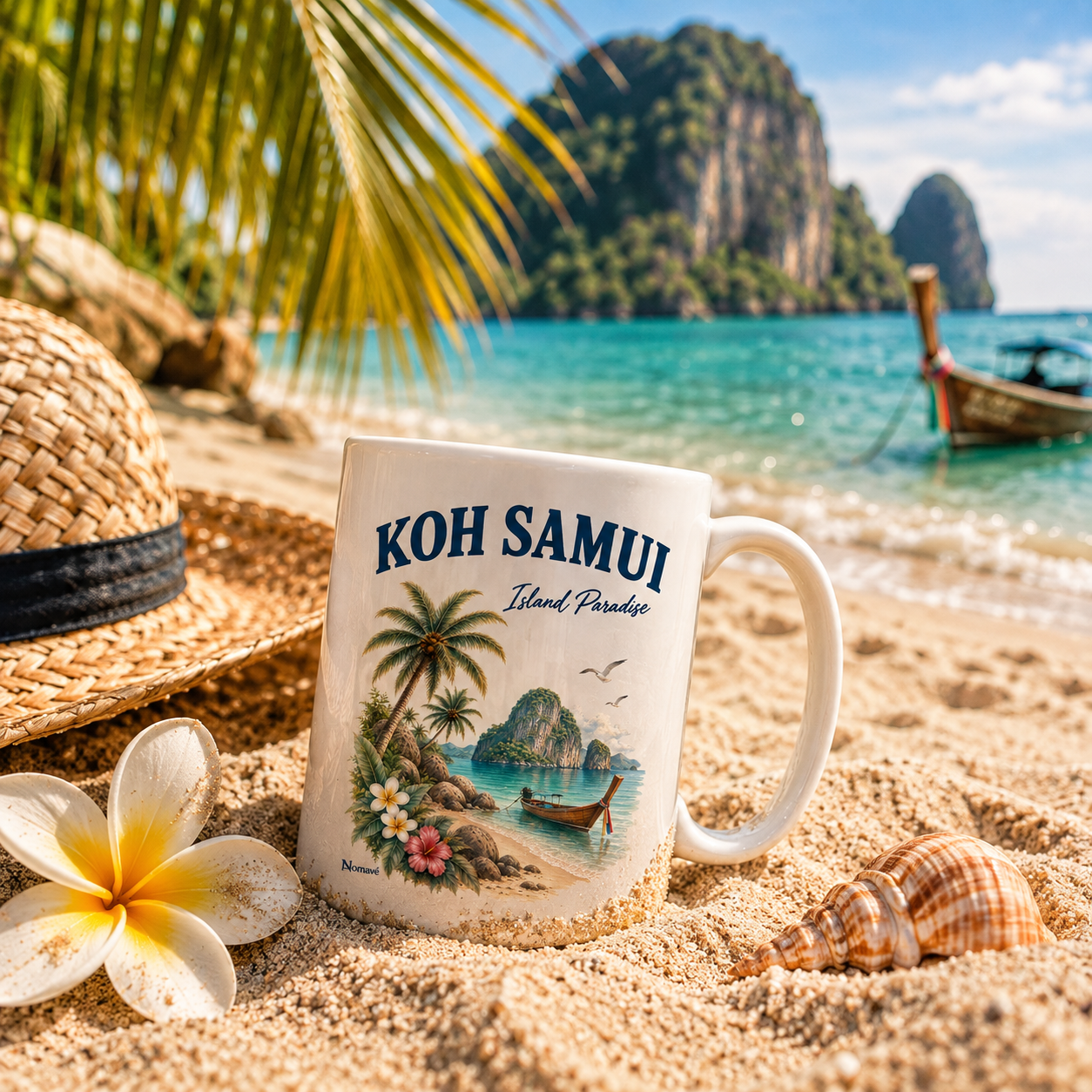 Koh Samui Island Paradise Tasse von Nomavé im Sand am tropischen Strand in Thailand mit Longtailboot und Palmen