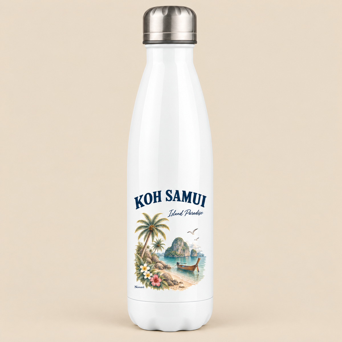 Koh Samui Island Paradise Thermoflasche mit tropischem Longtailboot-Motiv als quadratisches Clean Mockup