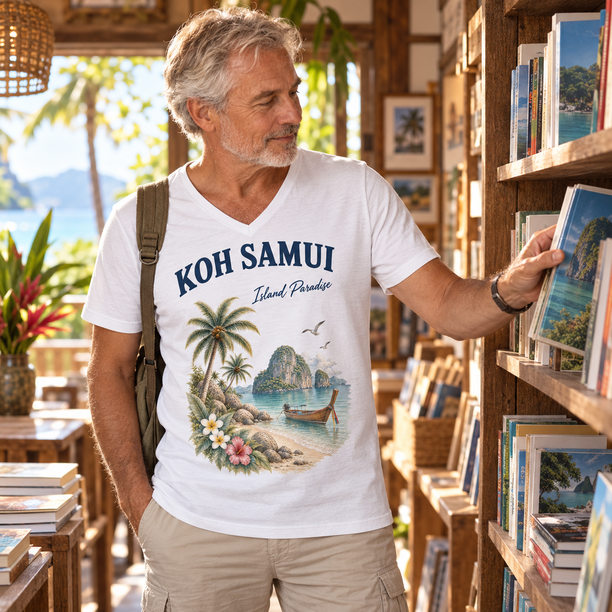 Mann im weißen Koh Samui Island Paradise V-Neck T-Shirt in einem Inselbuchladen