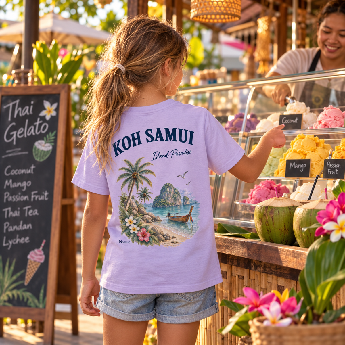 Kind im lavendelfarbenen Kinder Bio T-Shirt mit Koh Samui Island Paradise Rückenprint am thailändischen Eisstand