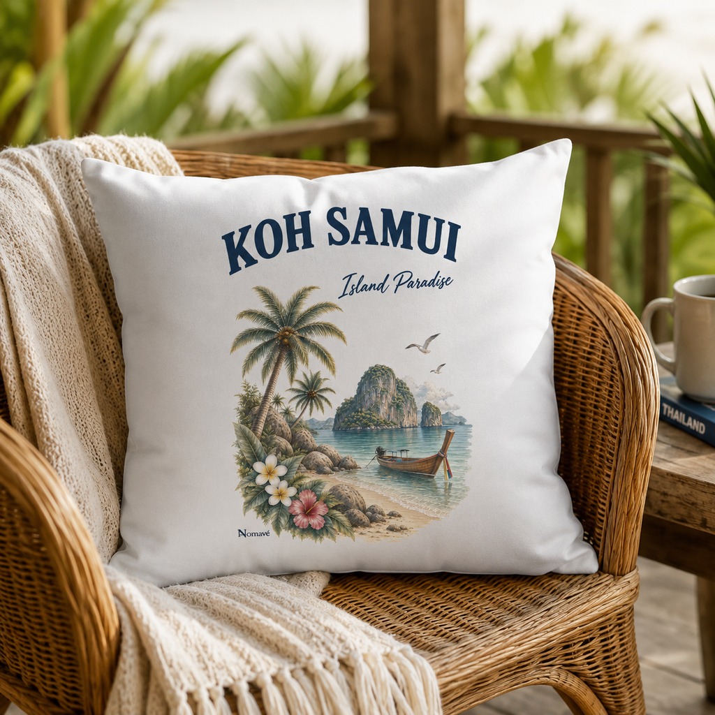 Weißes Koh Samui Island Paradise Kissen von Nomavé auf einem Rattansessel im tropischen Thailand-Look