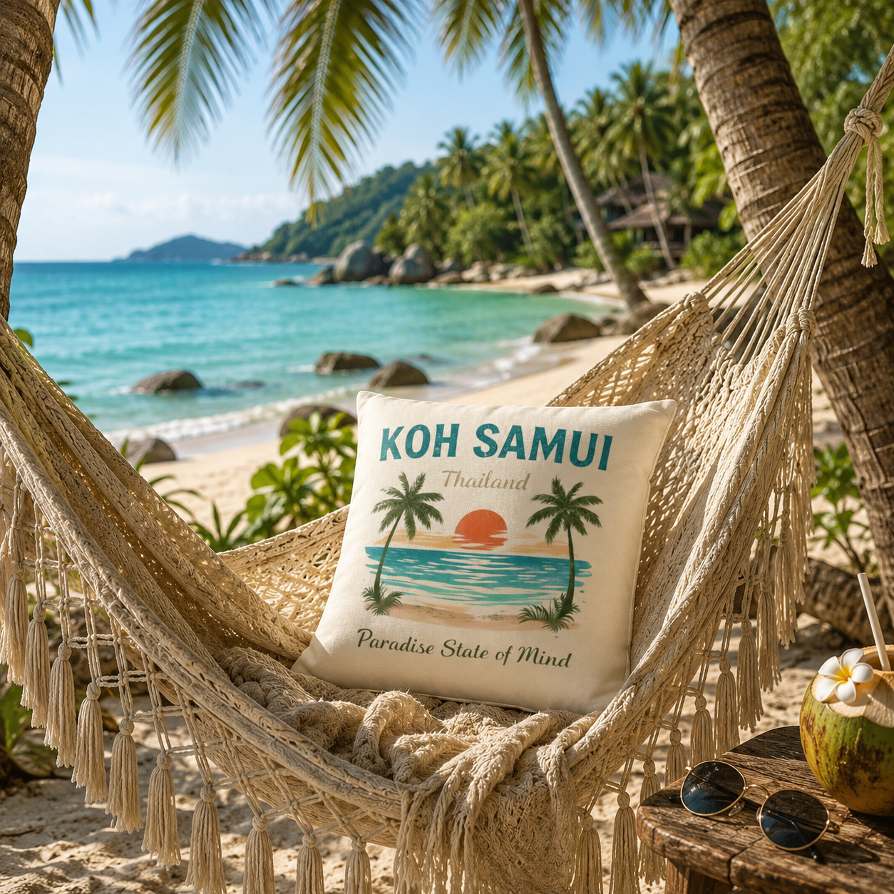 Koh Samui Kissen „Paradise State of Mind“ in einer Boho-Hängematte zwischen Palmen an einem tropischen Strand auf Koh Samui in Thailand. Das dekorative Kissen mit Palmen-, Meer- und Sonnenmotiv schafft entspanntes Urlaubsfeeling direkt am türkisblauen Meer.