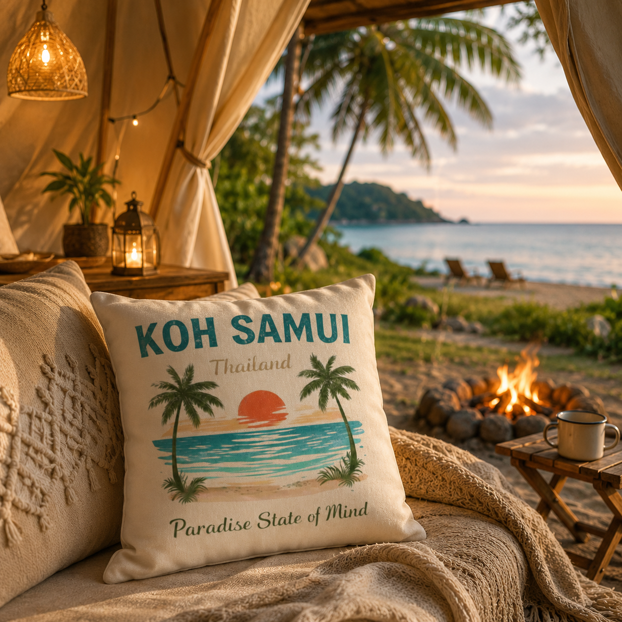Koh Samui Kissen „Paradise State of Mind“ in einem stilvollen Glamping-Zelt direkt am Strand in Thailand. Das dekorative Sofakissen mit Palmen- und Meermotiv sorgt für tropisches Urlaubsfeeling zwischen Lagerfeuer, Meerblick und gemütlicher Camping-Atmosphäre.