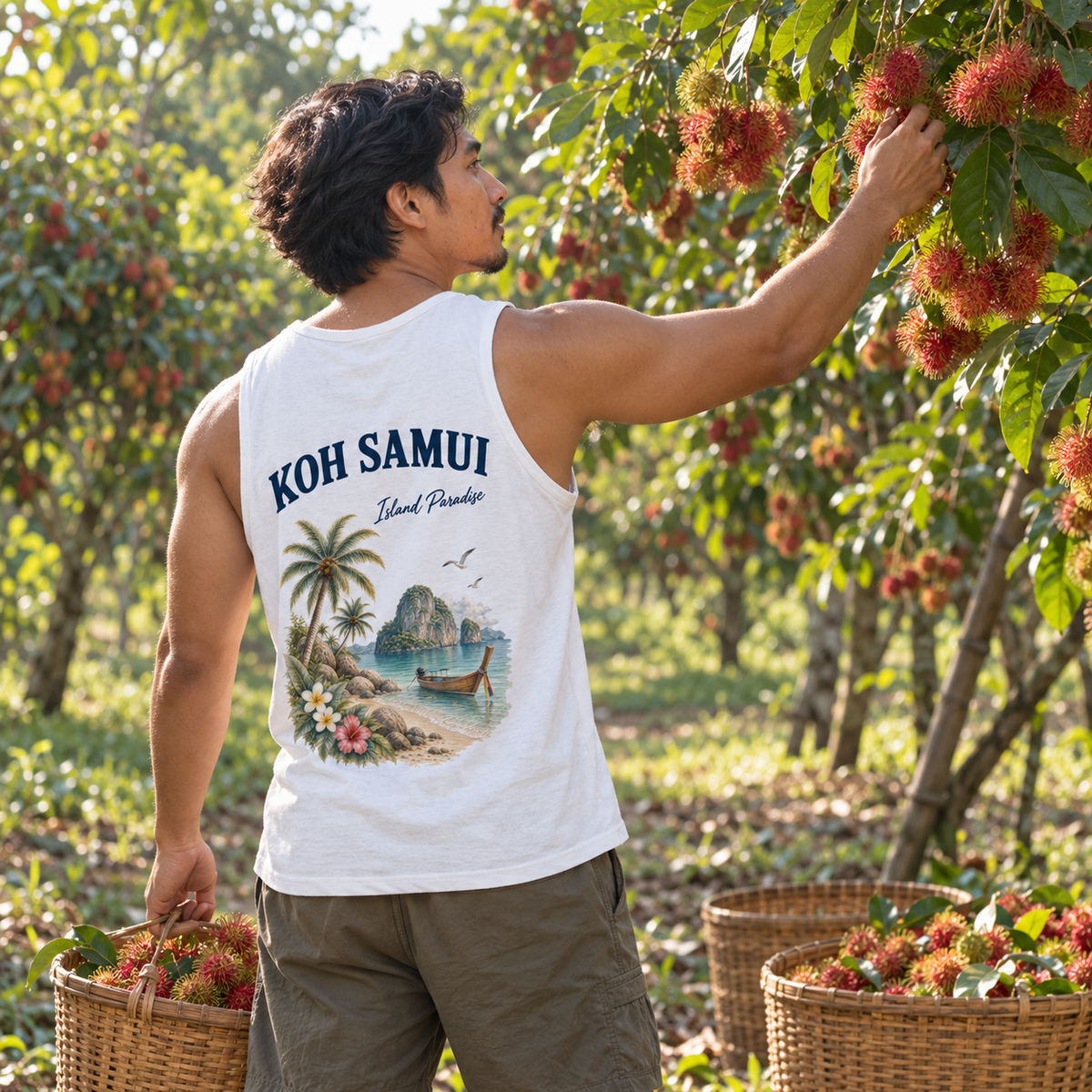 Mann im weißen Koh Samui Island Paradise Organic Tanktop bei der Rambutan-Ernte im Obstgarten