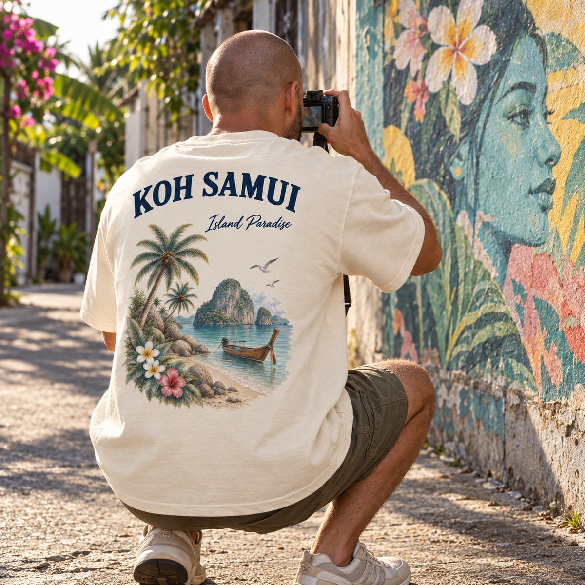 Mann im naturfarbenen Koh Samui Island Paradise Oversize Shirt bei einem Streetart-Fotowalk