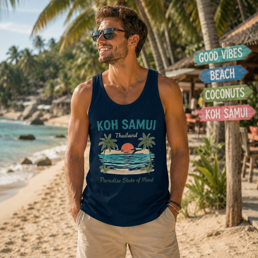 Mann trägt dunkelblaues Bio Tanktop mit Koh Samui Thailand Motiv an einem tropischen Strand mit Palmen, türkisfarbenem Meer und Beachbar – Lifestylebild der Nomavé Koh Samui Kollektion.