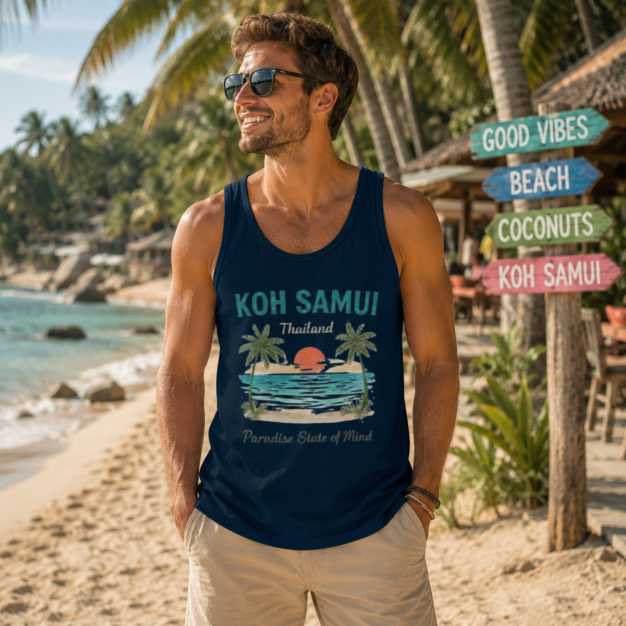 Mann trägt dunkelblaues Bio Tanktop mit Koh Samui Thailand Motiv an einem tropischen Strand mit Palmen, türkisfarbenem Meer und Beachbar – Lifestylebild der Nomavé Koh Samui Kollektion.