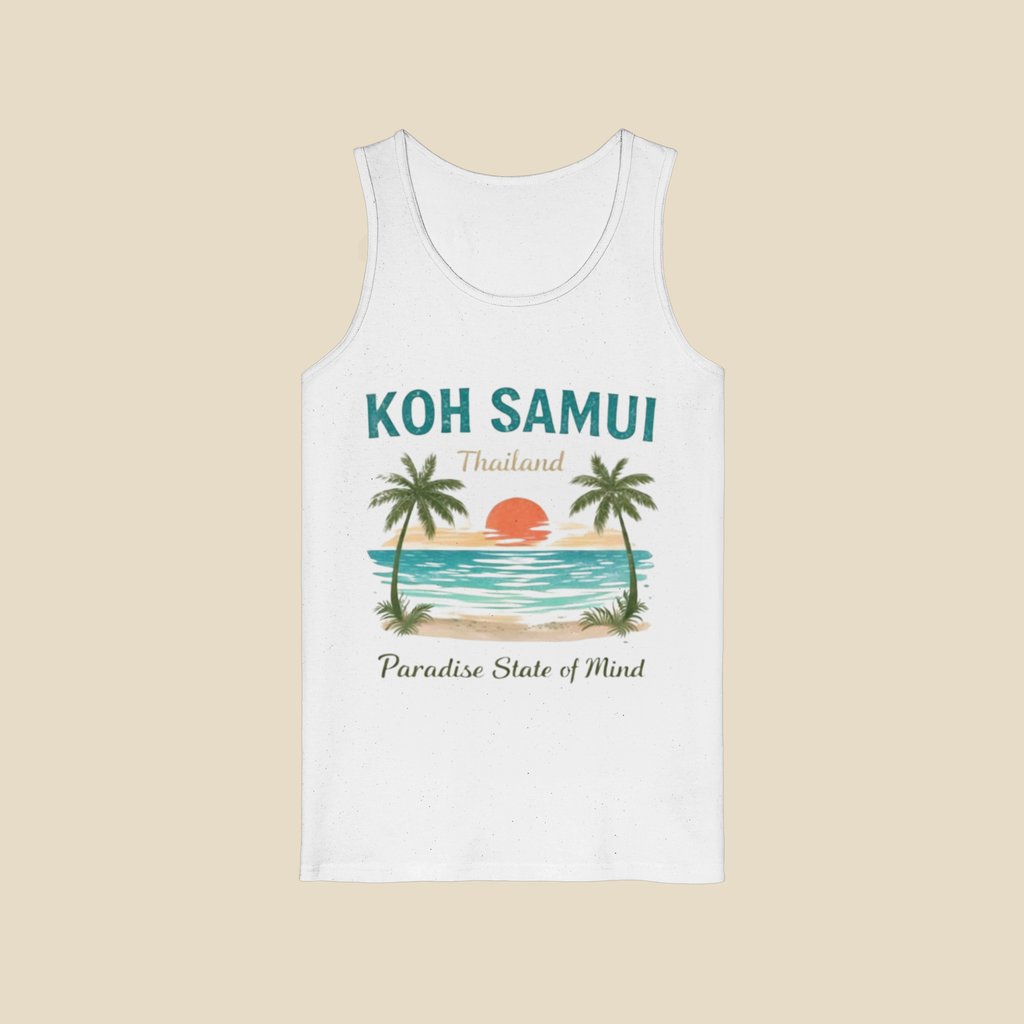 Weißes Tanktop mit Koh Samui Thailand Motiv und Paradise State of Mind Schriftzug als Clean Mockup auf hellem Hintergrund – leichtes Sommer Tanktop aus Bio-Baumwolle.