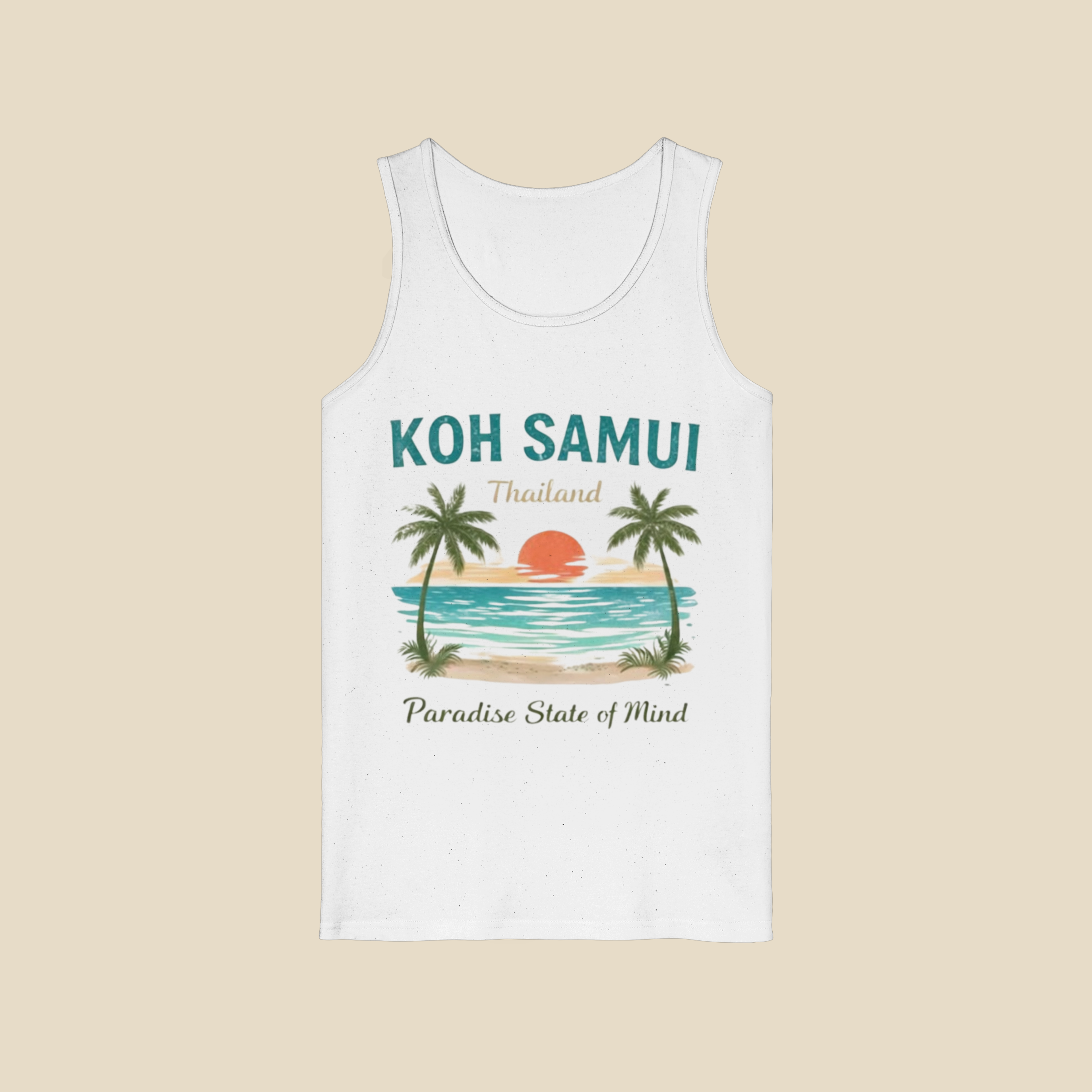 Weißes Tanktop mit Koh Samui Thailand Motiv und Paradise State of Mind Schriftzug als Clean Mockup auf hellem Hintergrund – leichtes Sommer Tanktop aus Bio-Baumwolle.