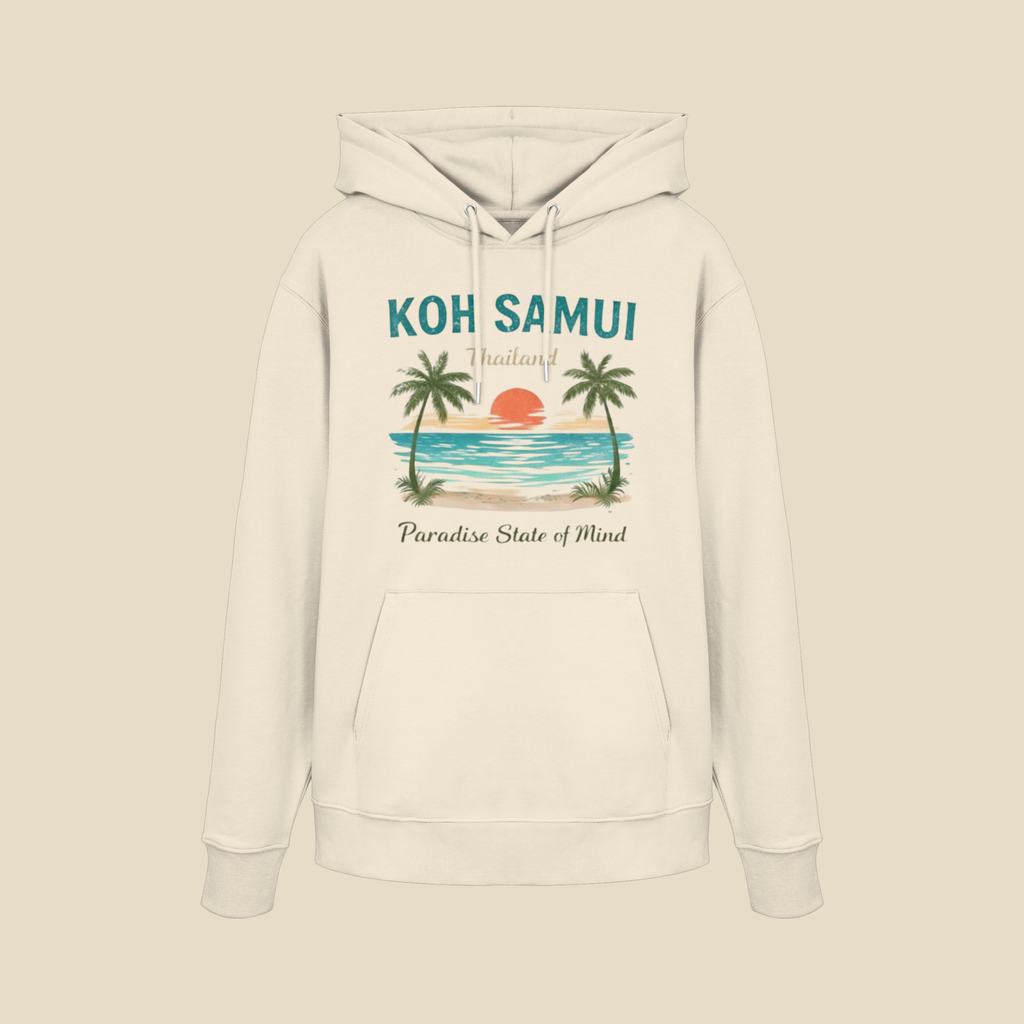 Bio Hoodie in Naturweiß mit Koh Samui Thailand Motiv auf der Vorderseite vor hellem Hintergrund.