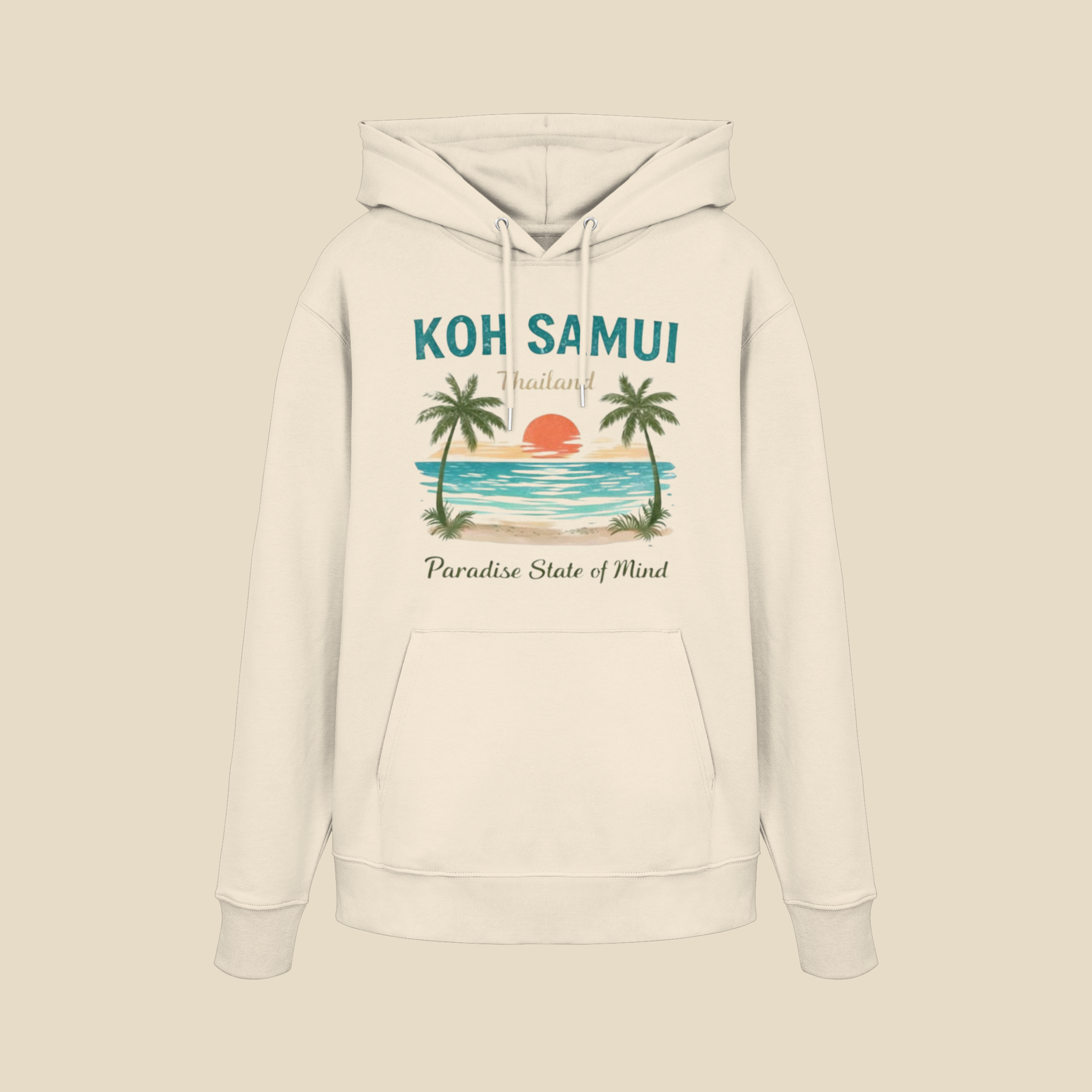 Bio Hoodie in Naturweiß mit Koh Samui Thailand Motiv auf der Vorderseite vor hellem Hintergrund.