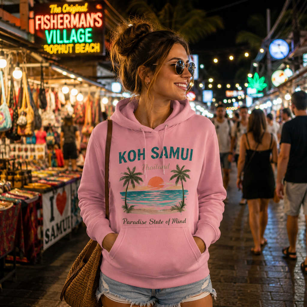 Junge Frau trägt einen rosafarbenen Bio Hoodie mit Koh Samui Thailand Motiv auf einer lebhaften Walking Street mit Nachtmarkt, Lichtern und tropischer Urlaubsatmosphäre.