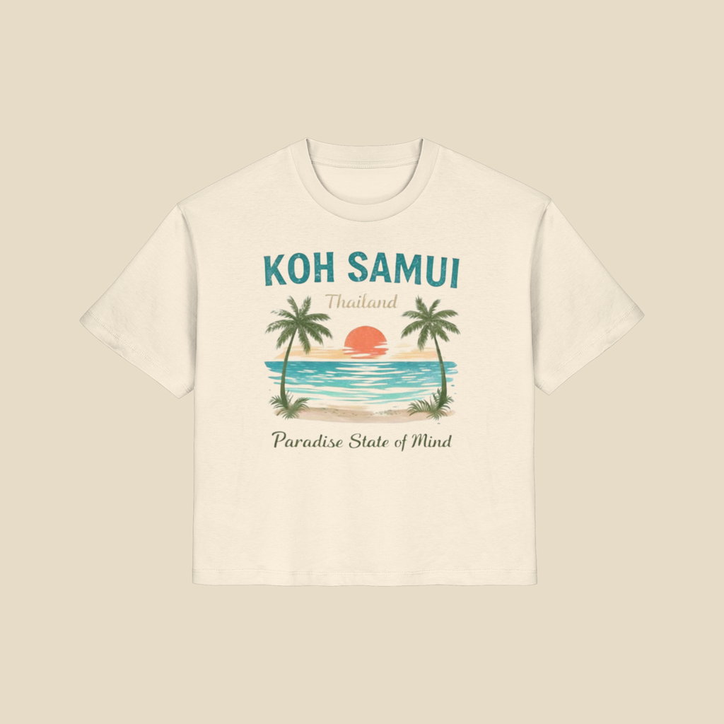 Bio Lady-Shirt in Naturweiß mit Koh Samui Thailand Motiv auf der Vorderseite vor hellem Hintergrund.