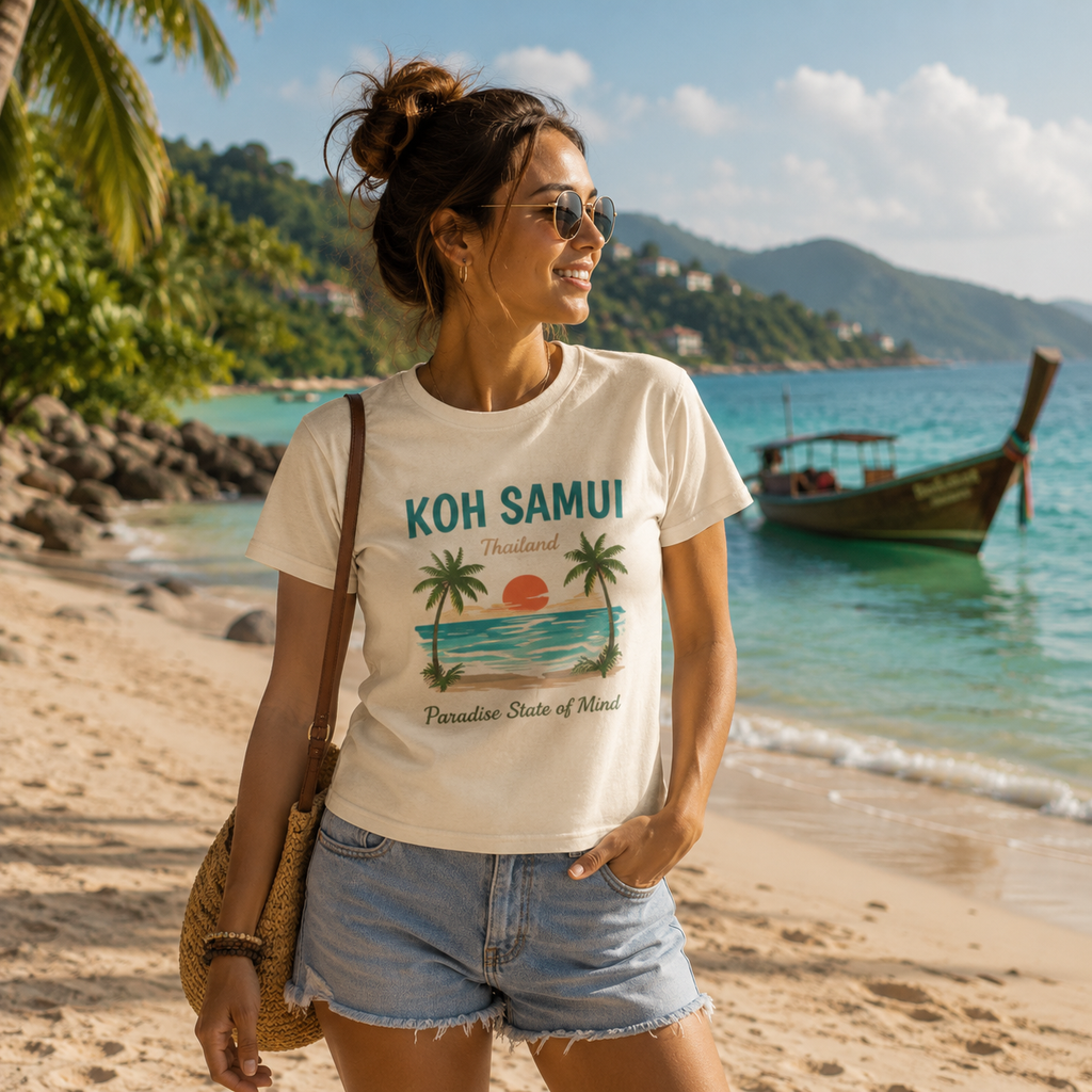 Frau trägt ein naturweißes Bio Lady-Shirt mit Koh Samui Thailand Motiv an einem tropischen Strand mit türkisblauem Meer, Palmen und Longtailboot.