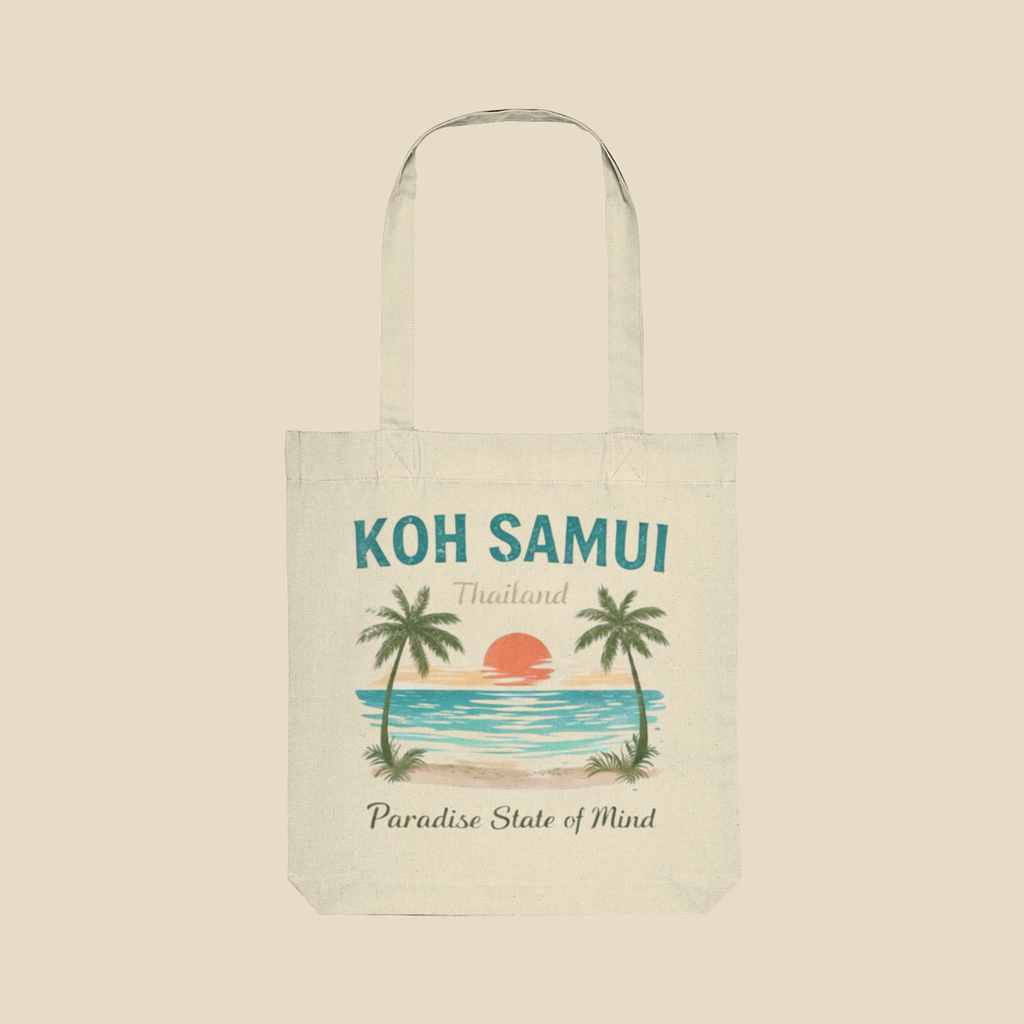 Bio Stofftasche in Natur mit Koh Samui Thailand Motiv auf der Vorderseite vor hellem Hintergrund.